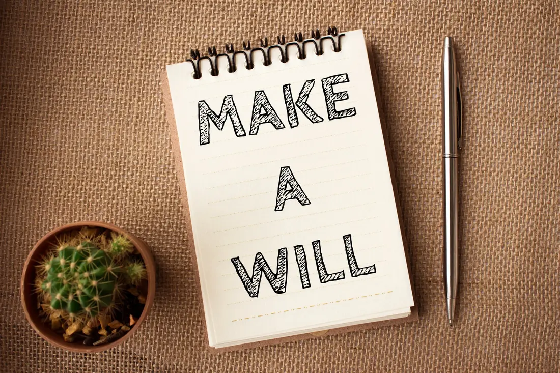 Notebook reading make a will beside a pen and a small cactus