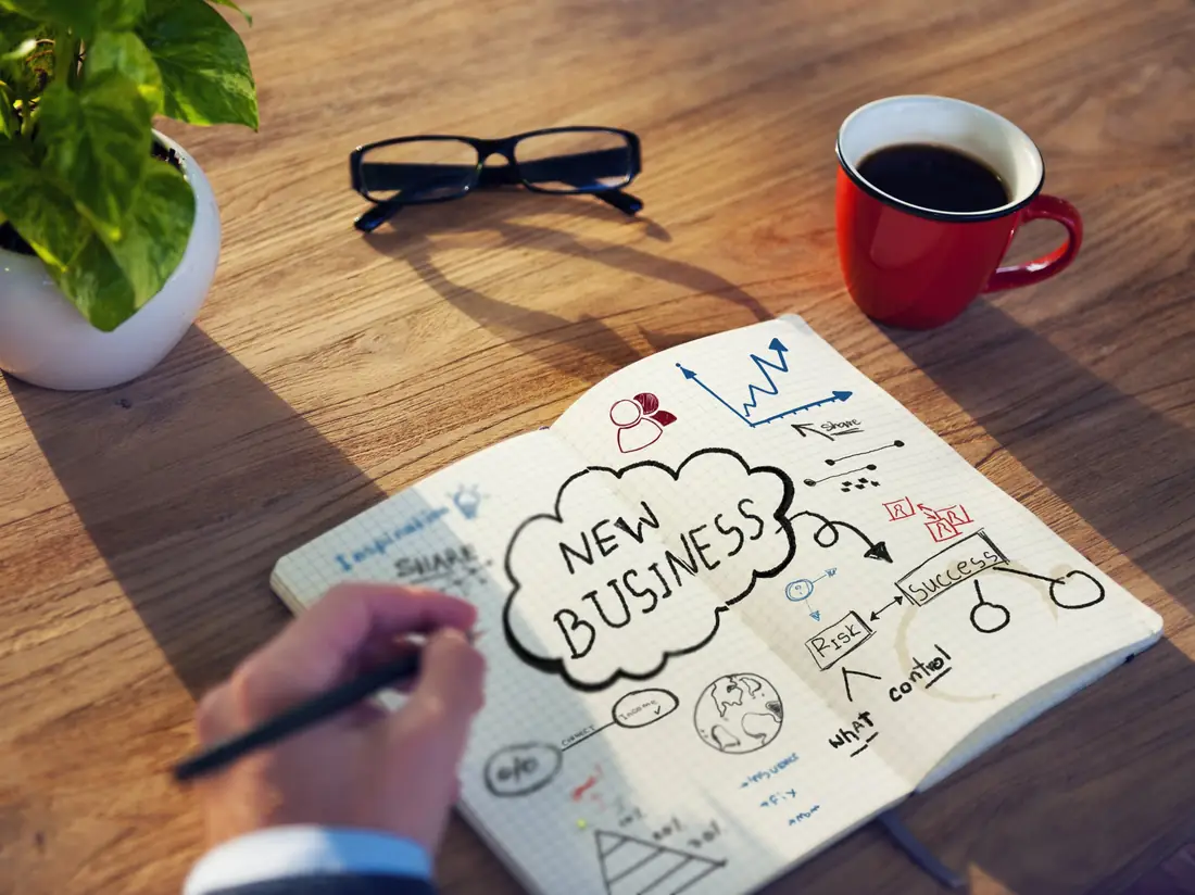 Notebook with a new business plan sketched on a desk